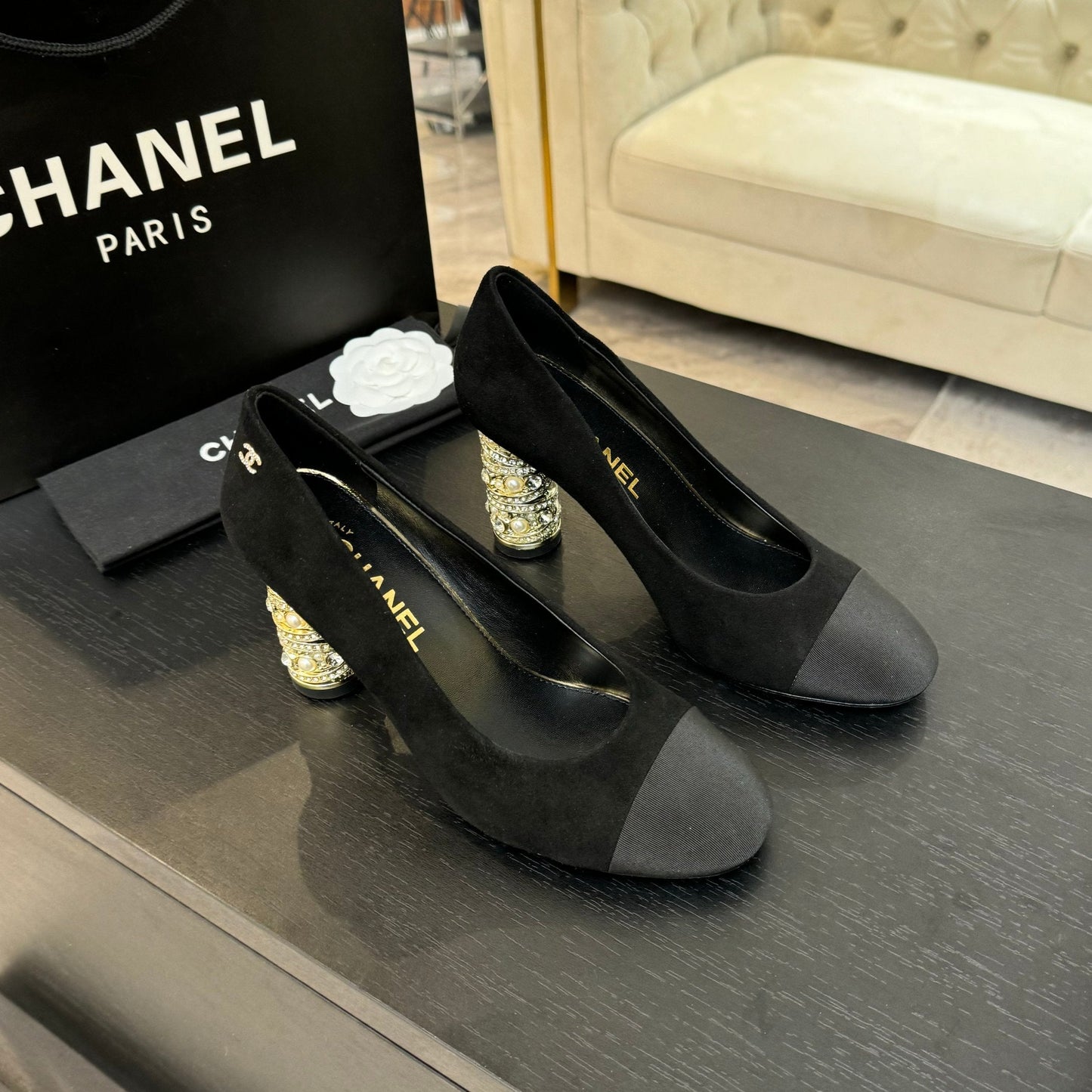 HIGH HEEL 85 MM SANDALS IN BLACK SUEDE AND FABRIC