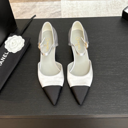 BLOCK HEEL SLINGBACKS IN SILVER MIX BLACK SILK FABRIC