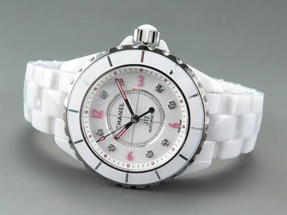 J12 Automatic White Ceramic Pink Diamond Numerals White Dial