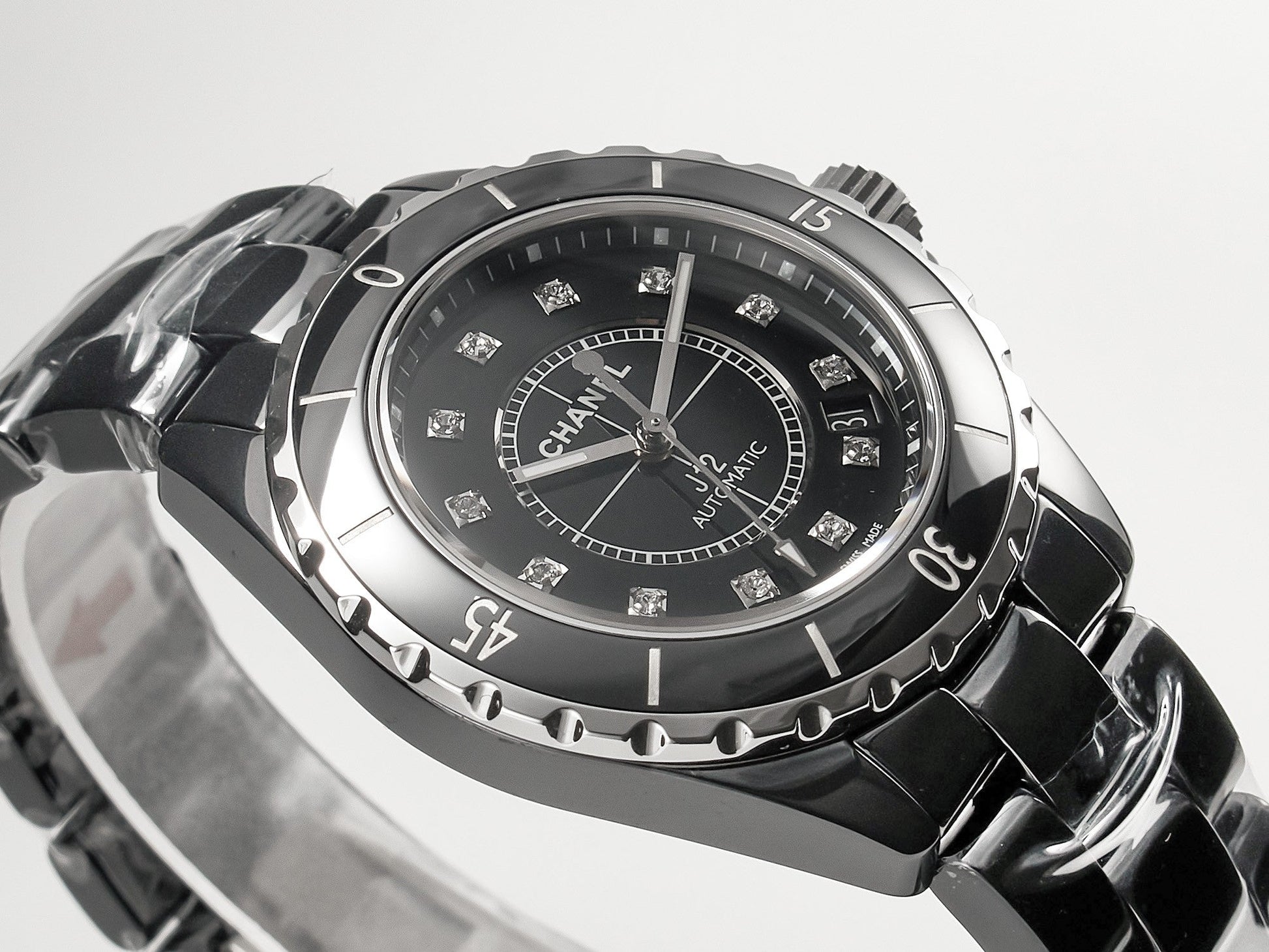 J12 Date Automatic Black Ceramic Diamond Numerals Black Dial White Steel Hands