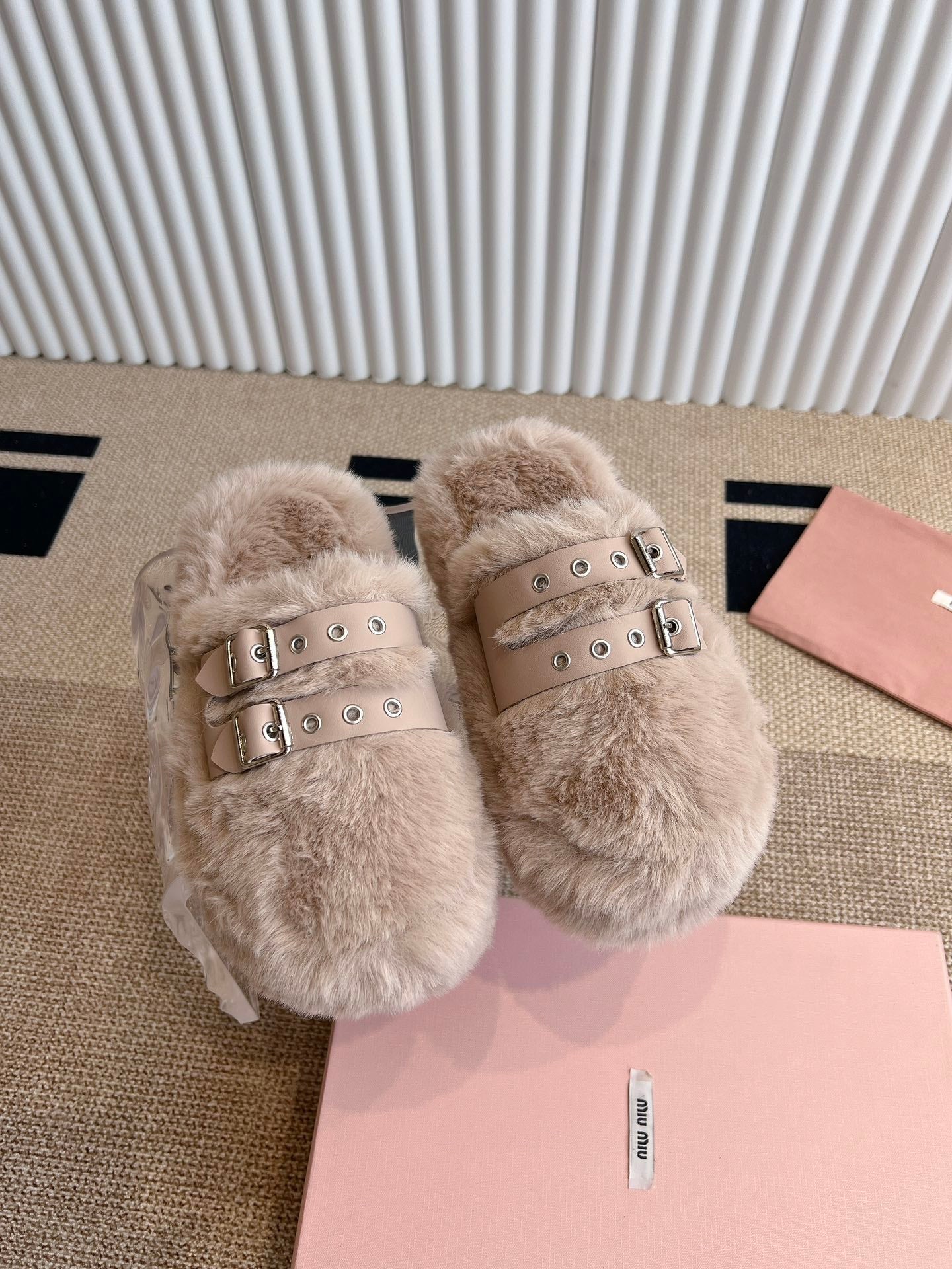 MULES IN BEIGE RABBIT FUR SILVER HARDWARE