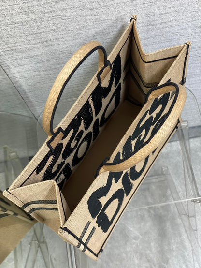 LARGE BOOK TOTE 42 BEIGE AND BLACK MISS DIOR GRAFFITI EMBROIDERY