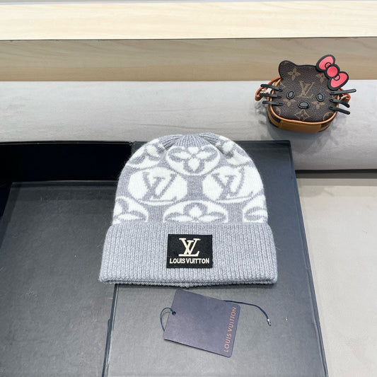 KNITTED BEANIE HAT IN LIGHT GRAY MIX WHITE WOOL AND RABBIT FUR 426242