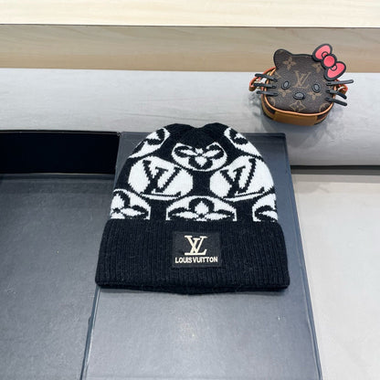 KNITTED BEANIE HAT IN BLACK MIX WHITE WOOL AND RABBIT FUR 426245