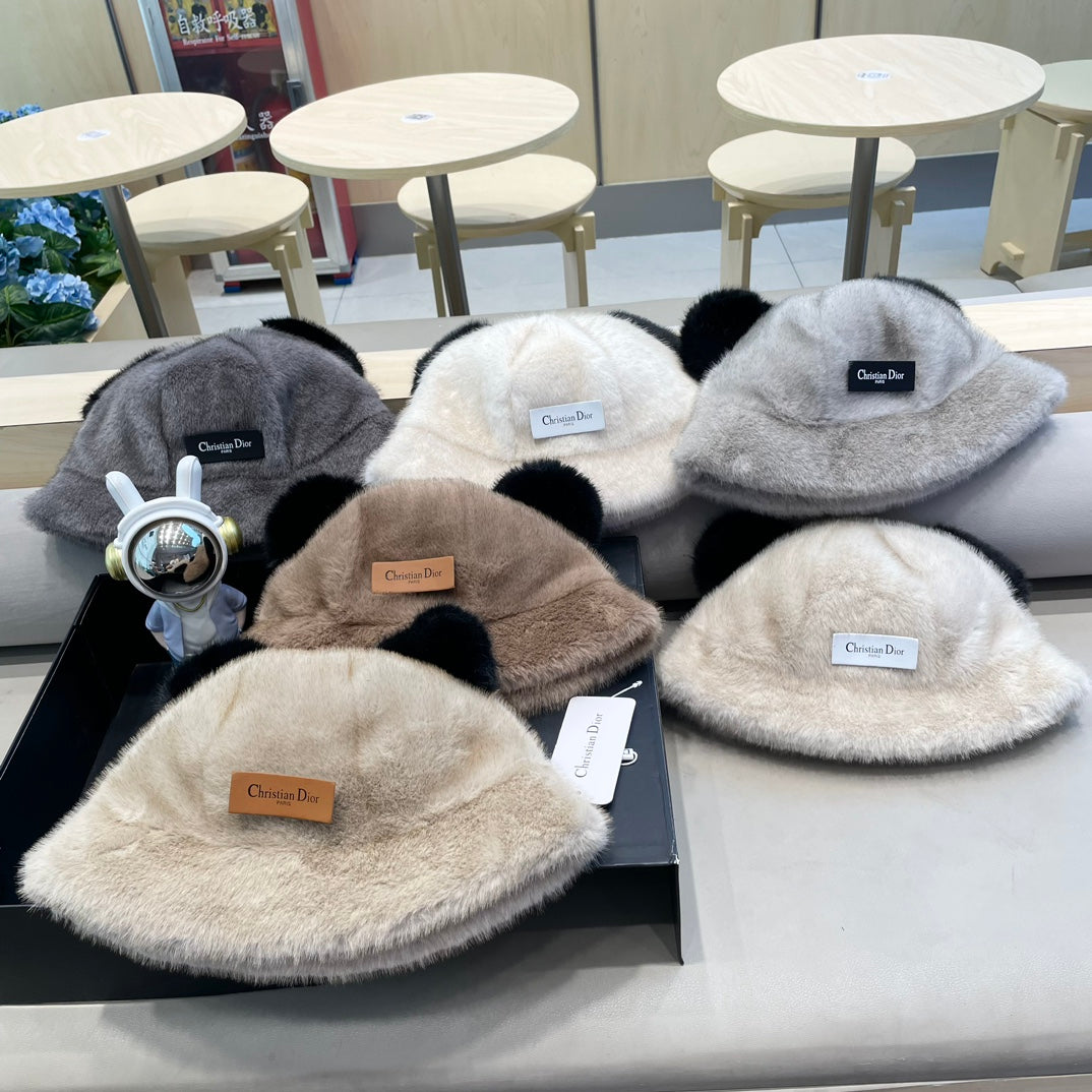 BUCKET HAT WITH CUTE BEAR EARS IN RHINO GRAY RABBIT FUR 434967