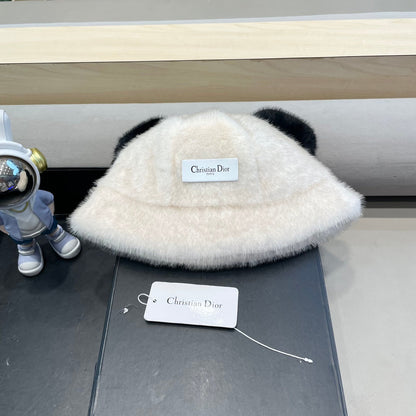 BUCKET HAT WITH CUTE BEAR EARS IN WHITE RABBIT FUR 434970