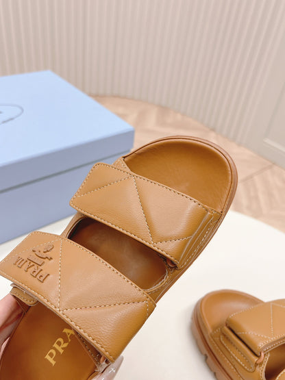 Pra Double Strap Quilted Slide 20 Tan Calfskin