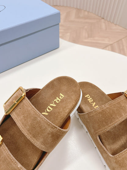 Double Buckle Strap Slides 20 Brown Suede