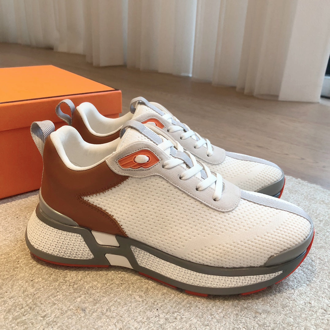 HEROS SNEAKER IN WHITE BREATHABLE MESH FABRIC AND BROWN CALFSKIN