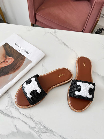 LYMPIA MULE BLACK RAFFIA AND WHITE WOOL LOGO