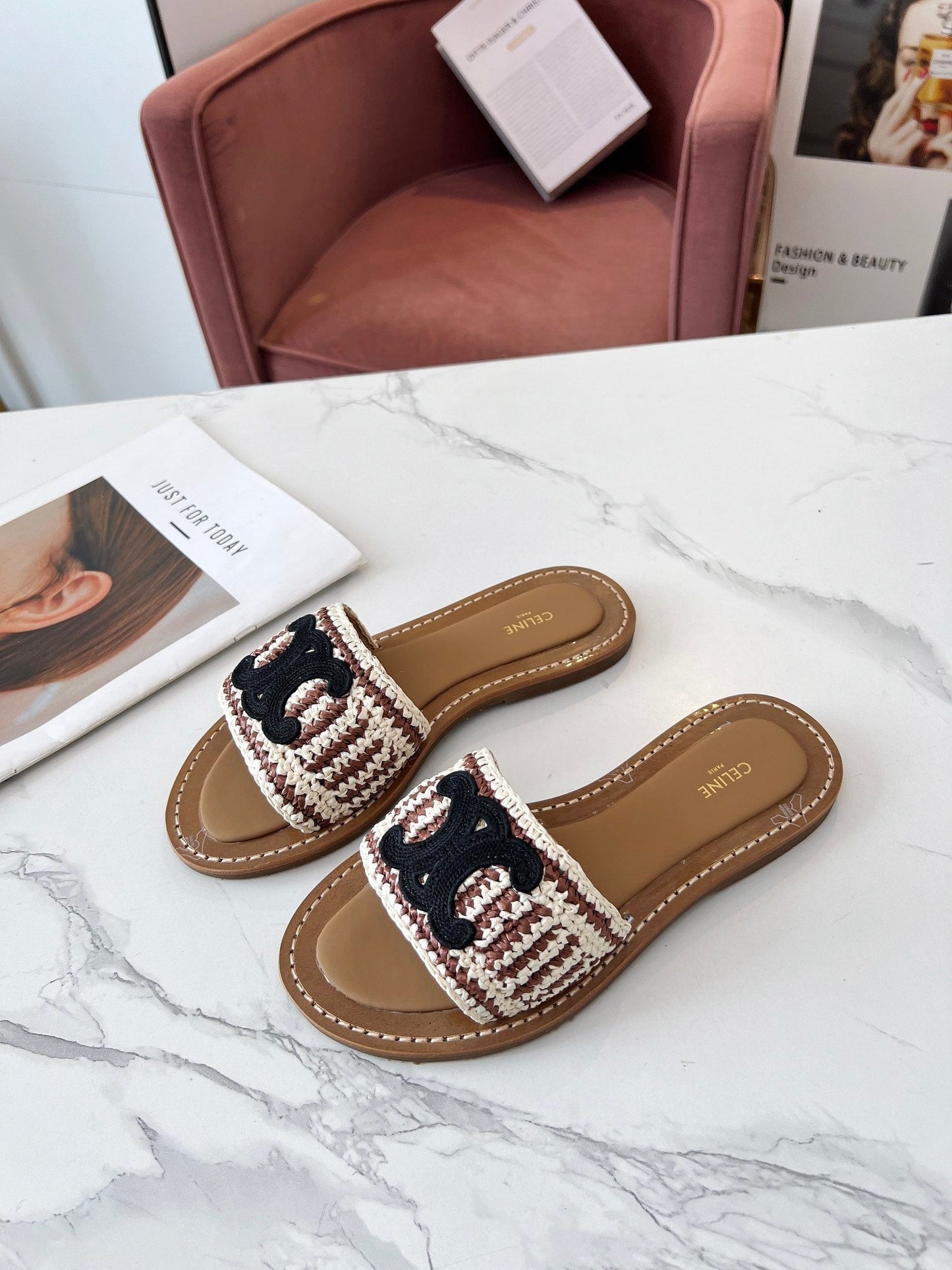 LYMPIA MULE WHITE MIX BROWN RAFFIA BLACK LOGO
