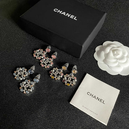DOUBLE C STUD EARRINGS IN SILVER METAL WHITE PEARL MULTICOLOR STONES