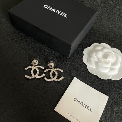 VINTAGE DOUBLE C STUD EARRINGS IN GOLD METAL FULLY EMBELLISHED CRYSTALS