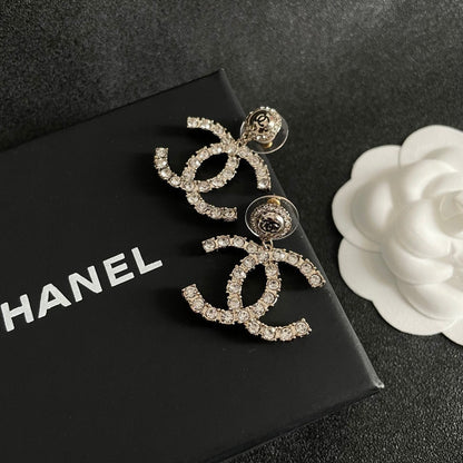 VINTAGE DOUBLE C STUD EARRINGS IN GOLD METAL FULLY EMBELLISHED CRYSTALS