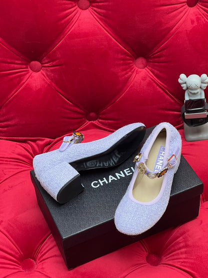HIGH MARY JANE SHOES LIGHT BLUE WOOL TWEED