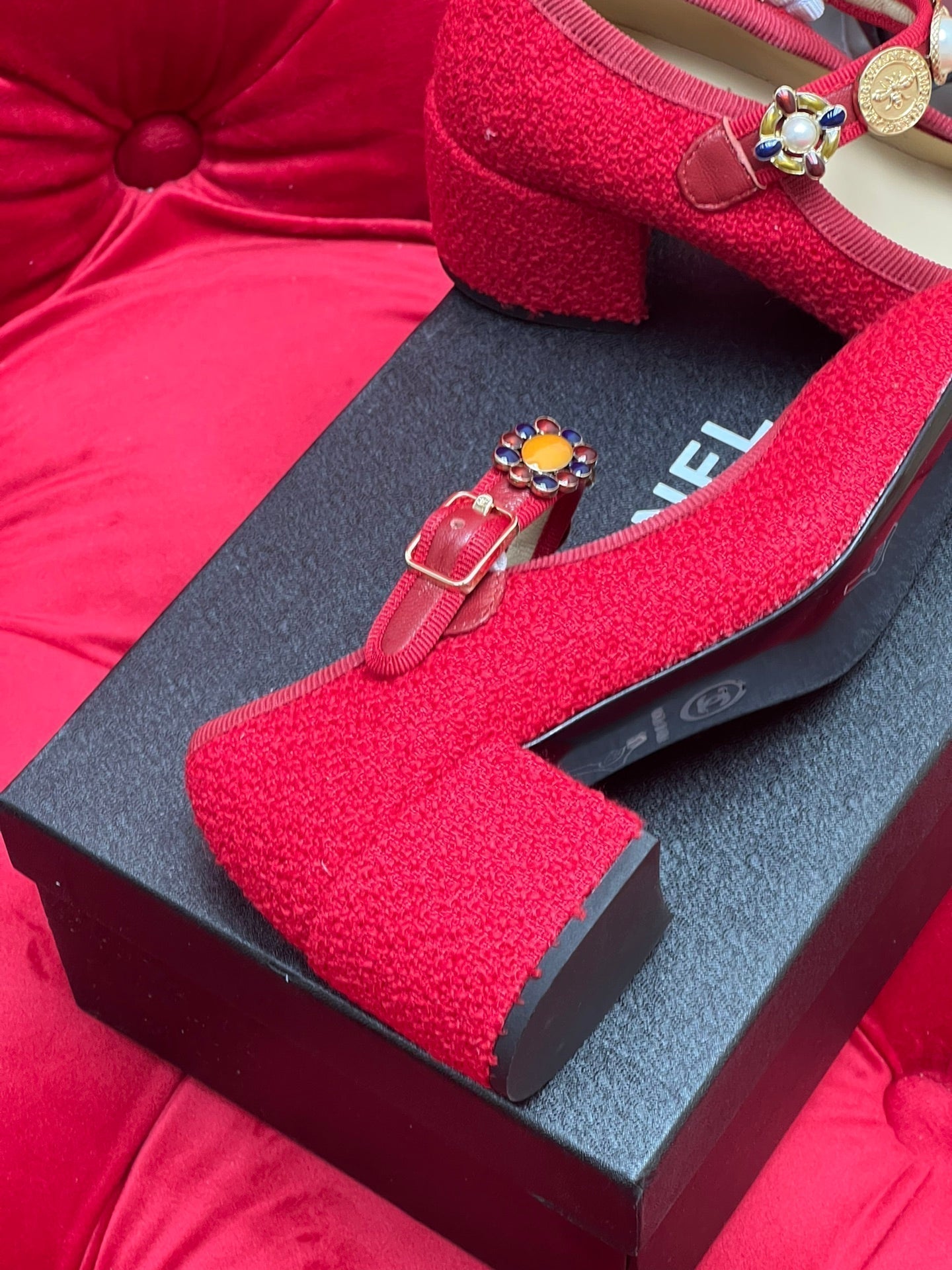 HIGH MARY JANE SHOES CHERRY RED WOOL TWEED
