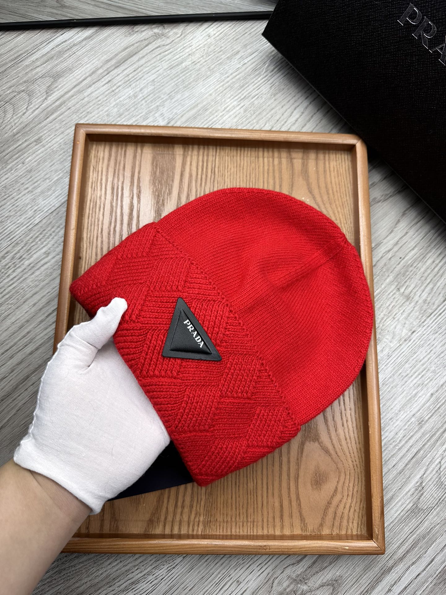 BEANIE HAT IN CHERRY RED WOOL AND RABBIT FUR 342036