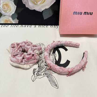 SET HEADBAND AND HAIR TIE IN LIGHT PINK FABRIC ATTACHED BOWS 432848