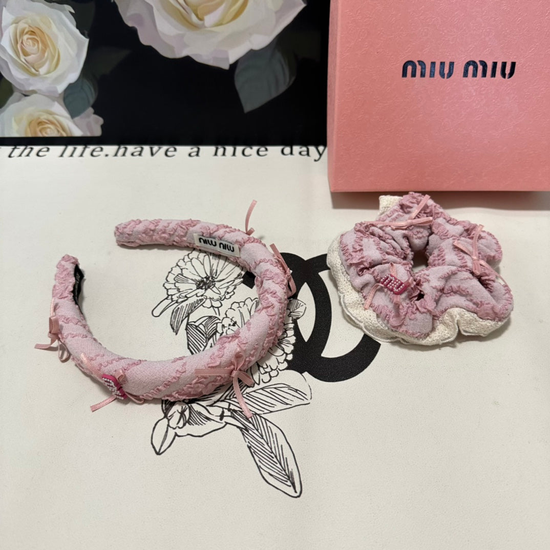 SET HEADBAND AND HAIR TIE IN LIGHT PINK FABRIC ATTACHED BOWS 432848
