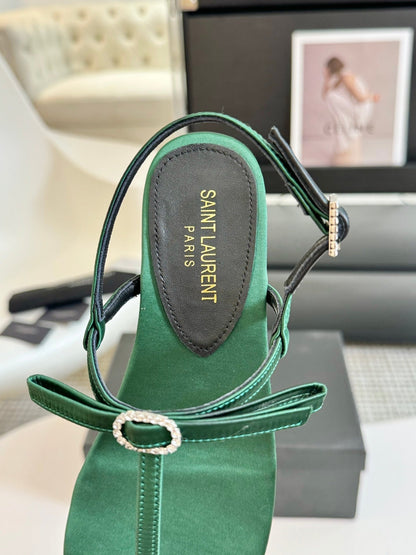 SL Silk Bow T-Strap Flat Sandals Green Leather