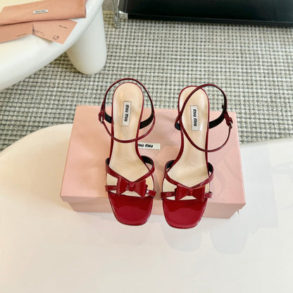 High Heels With Bows Crimson Color Glossy Leather