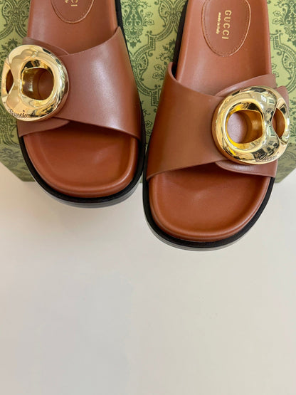 WOMEN'S SLIPPER IN BRONZE BROWN CALFSKIN WITH GOLD HARDWARE
