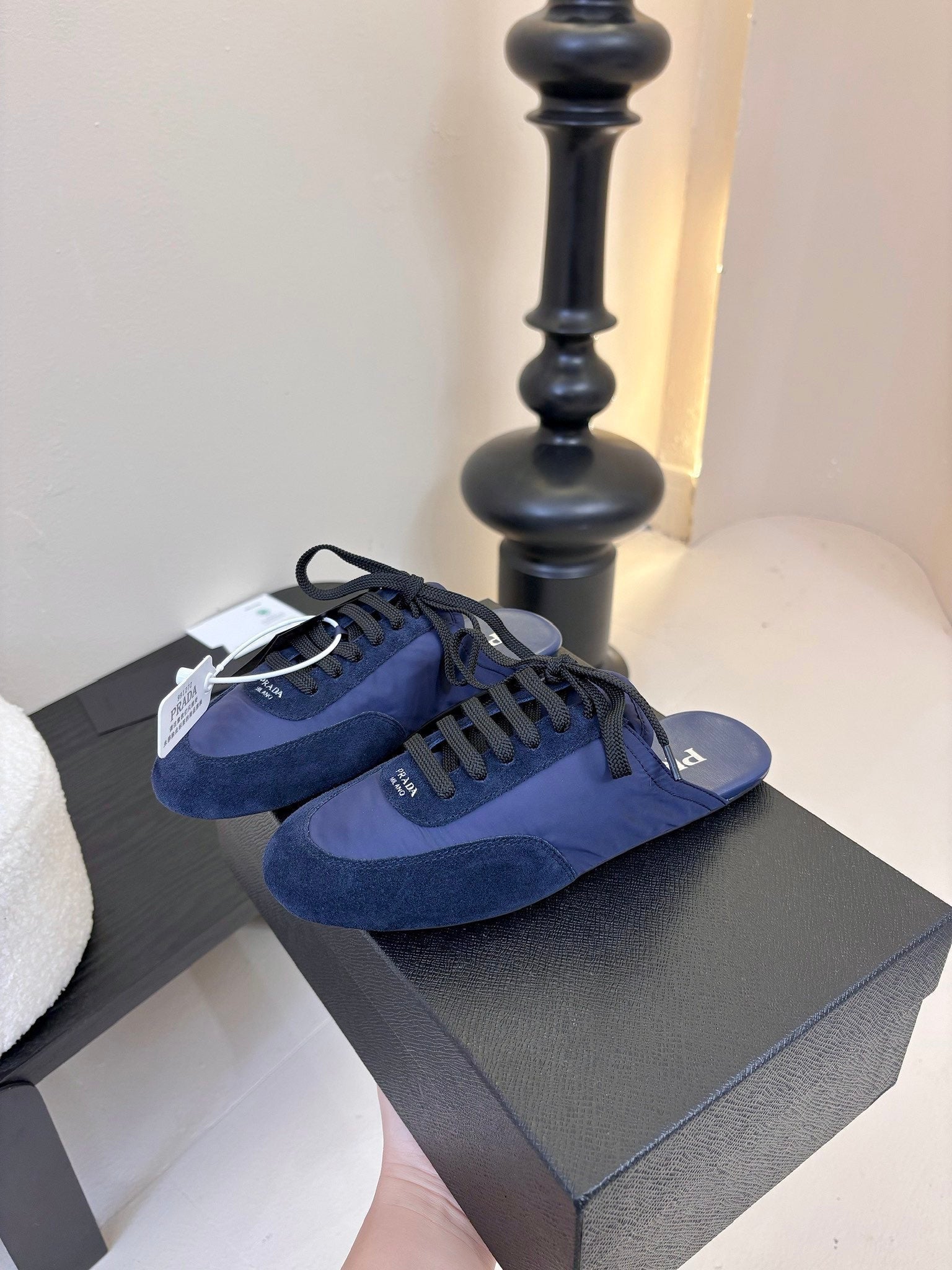 SNEAKER MULES IN NAVY BLUE NYLON AND SUEDE