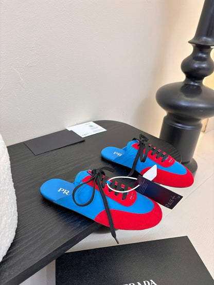 SNEAKER MULES IN BLUE NYLON AND RED SUEDE