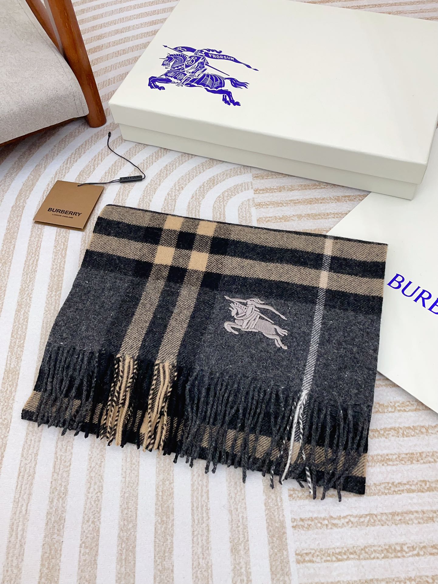 CLASSIC WOOL CHECK SCARF 180 CM DARK GRAY MIX CAMEL BROWN 402098