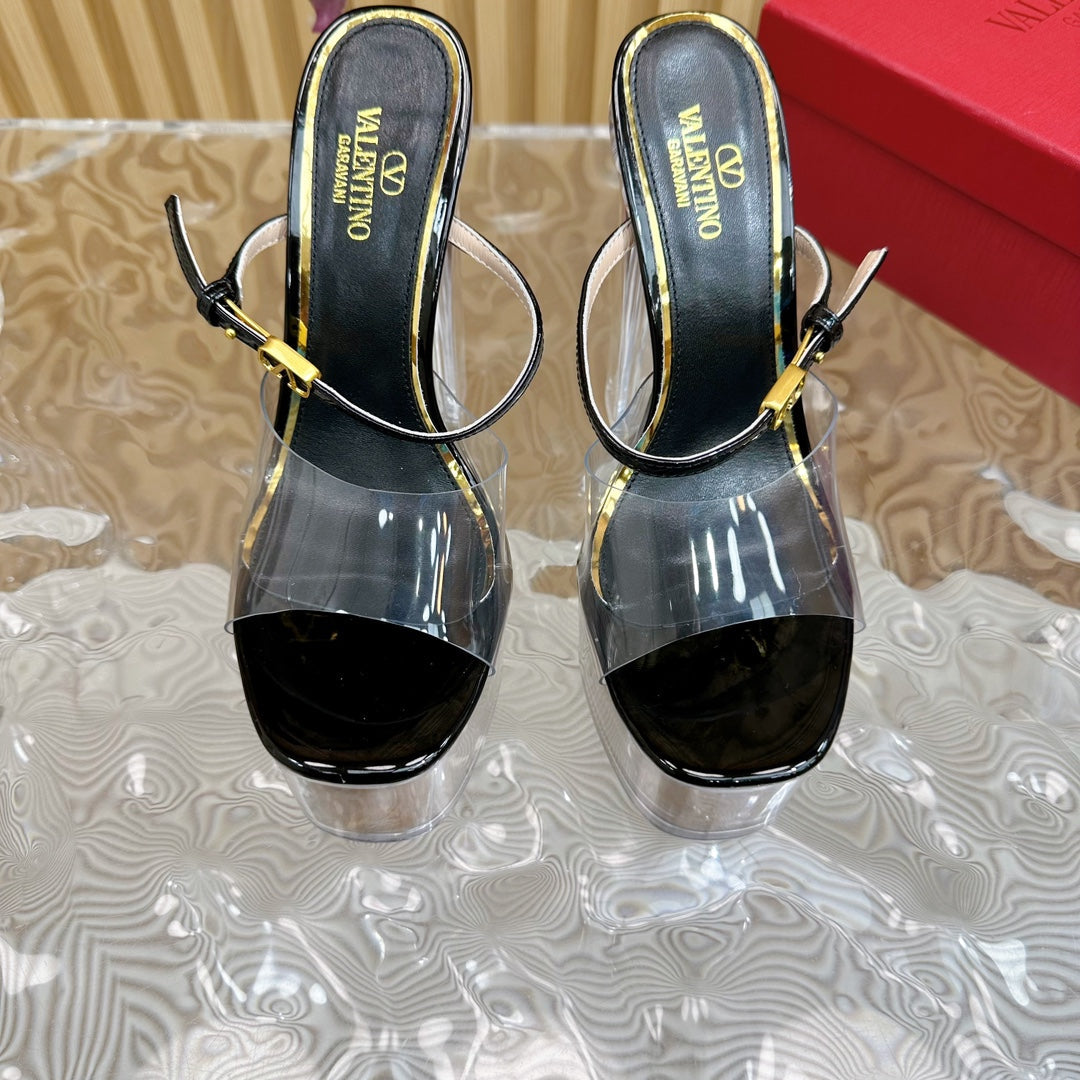 HIGH HEEL SANDAL 14CM IN BLACK CALFSKIN AND TRANSPARENT PVC