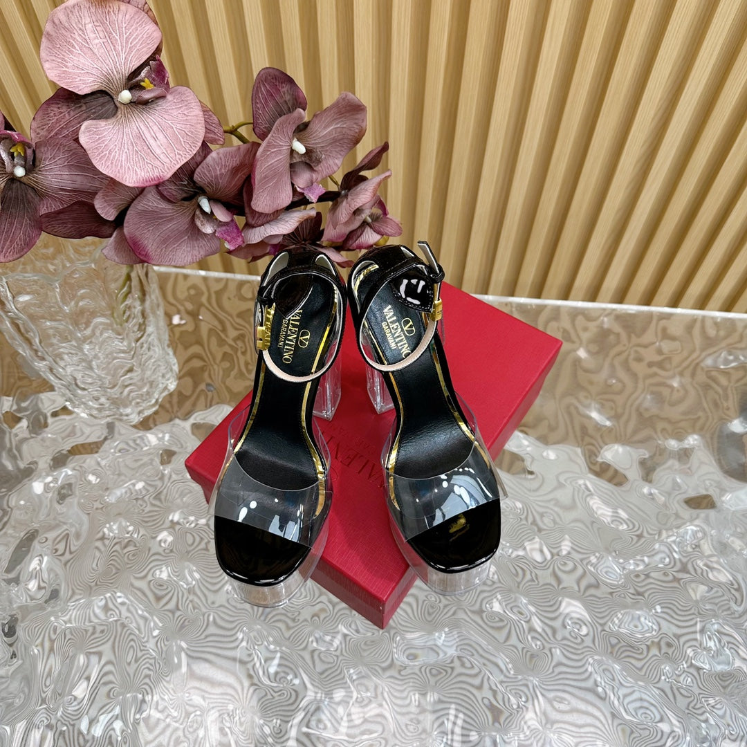 HIGH SANDAL 14CM IN BLACK CALFSKIN AND TRANSPARENT PVC