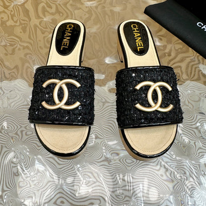 PLATFORM SLIPPERS IN BLACK TWEED AND LAMBSKIN