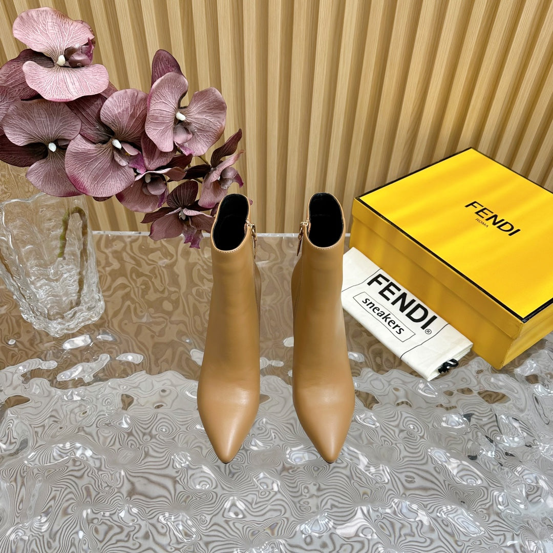 FENDI FIRST 80 MM BOOTS IN CIDER BROWN CALFSKIN WITH GOLD HARDWARE
