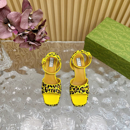 HORSEBIT HIGH-HEEL SANDAL WITH LEOPARD PRINT IN BRIGHT YELLOW VELVET AND CALFSKIN LINING