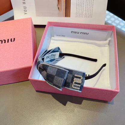 BOW HEADBAND IN BLUE DAMIER DENIM 398855