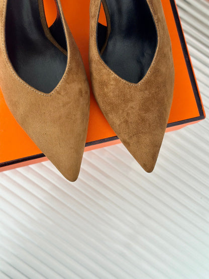 HIGH HEEL 75 MM POINTED- TOE SANDAL IN CIDER BROWN SUEDE