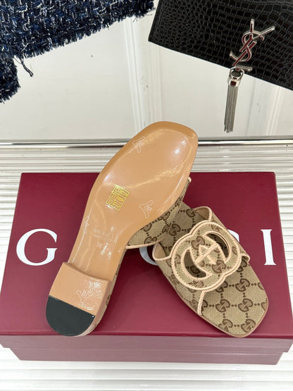 SLIDE SANDALS IN DARK BEIGE FABRIC EMBOSSED LOGO STYLE 3