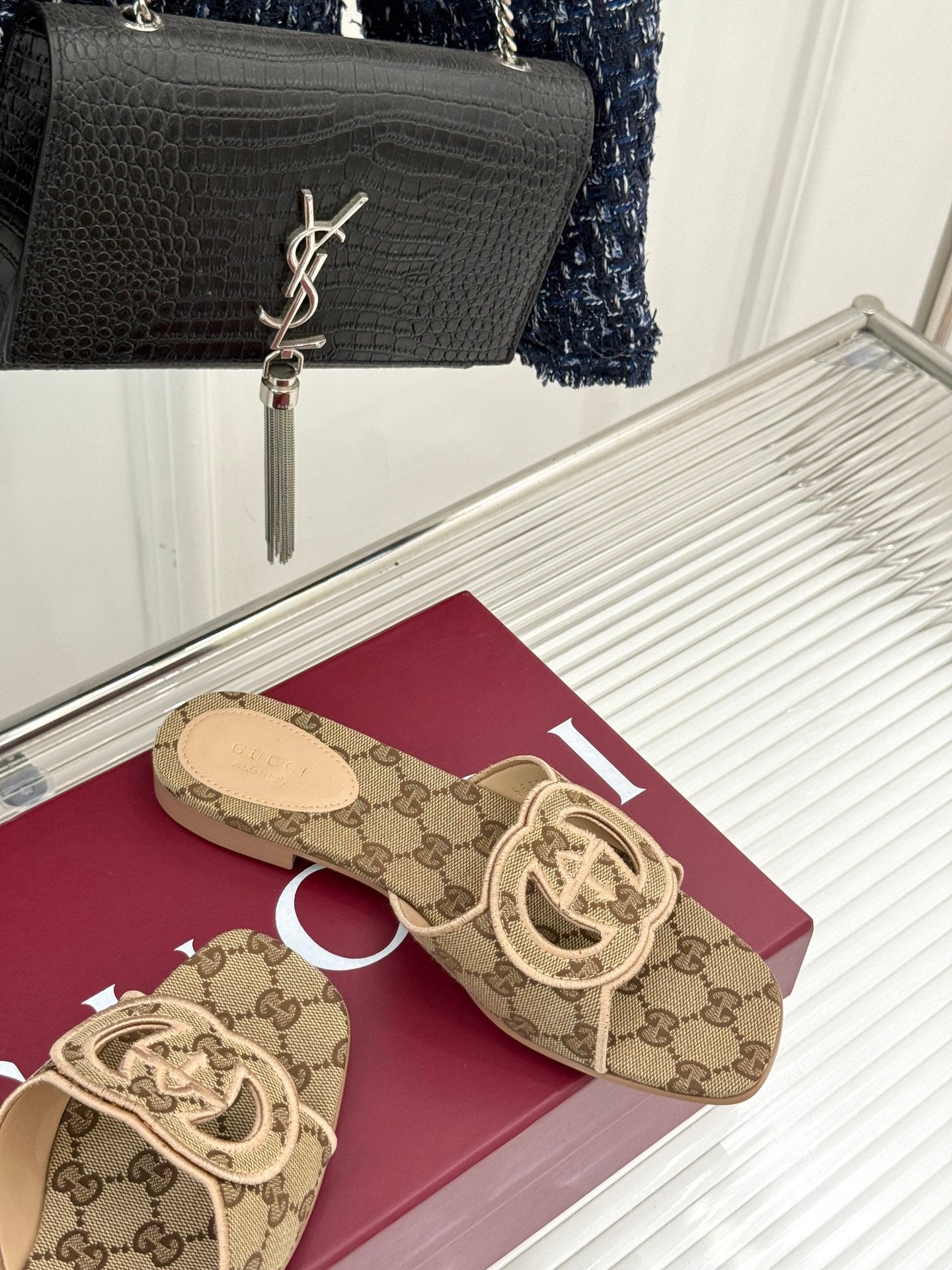 SLIDE SANDALS IN DARK BEIGE FABRIC EMBOSSED LOGO STYLE 3