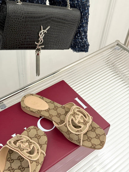 SLIDE SANDALS IN DARK BEIGE FABRIC EMBOSSED LOGO STYLE 3