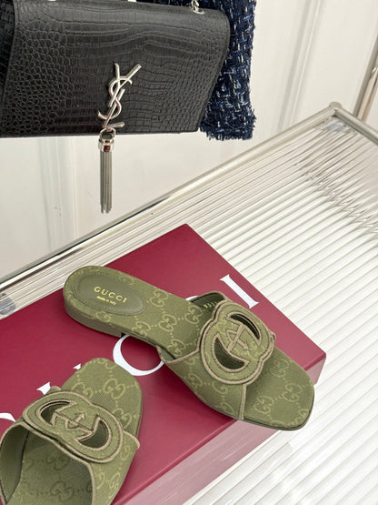 SLIDE SANDALS IN MOSS GREEN FABRIC EMBOSSED LOGO STYLE 2
