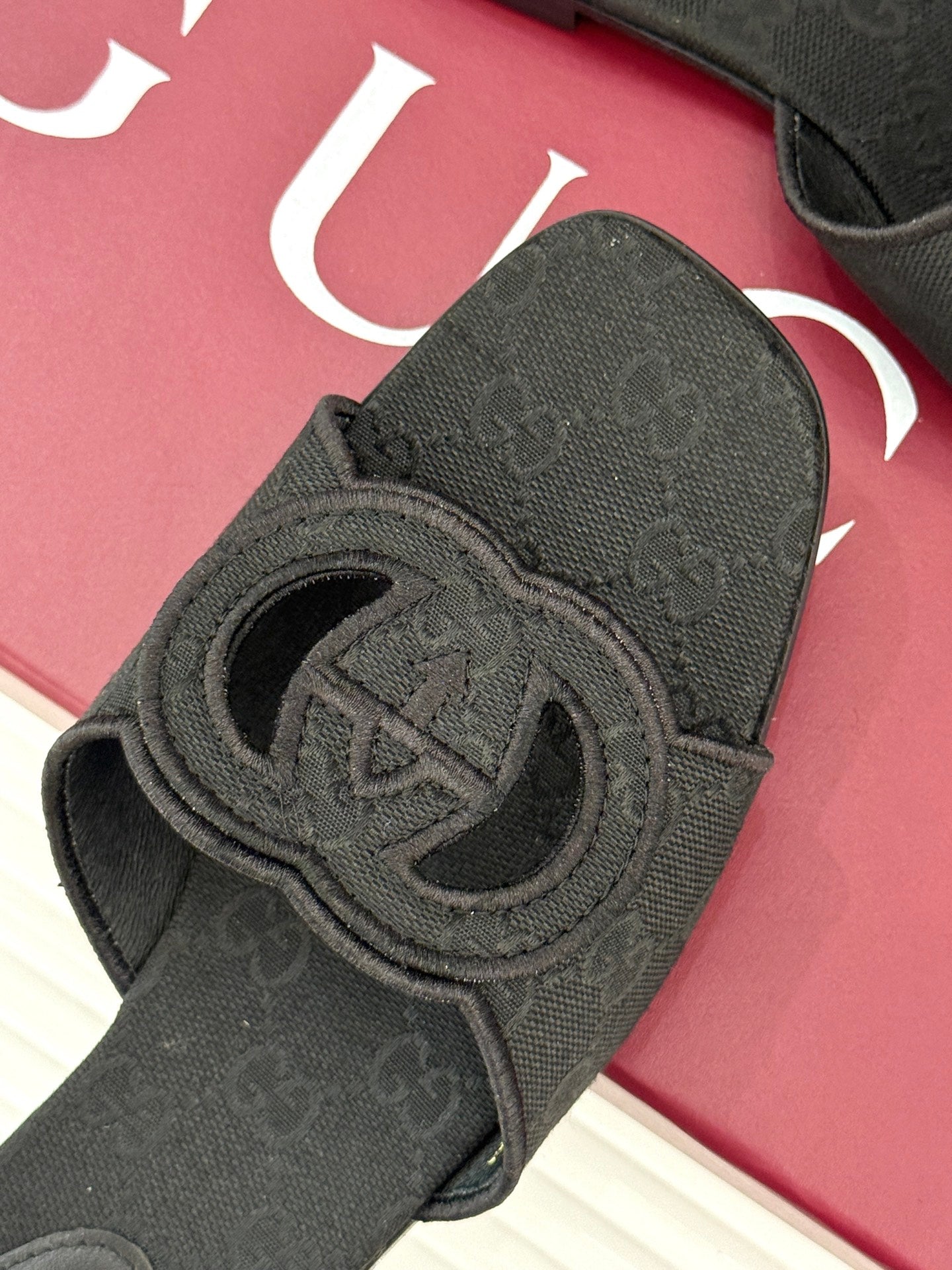 SLIDE SANDALS IN BLACK FABRIC EMBOSSED LOGO STYLE 1