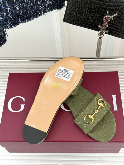 SLIDE SANDALS IN MOSS GREEN FABRIC EMBOSSED LOGO