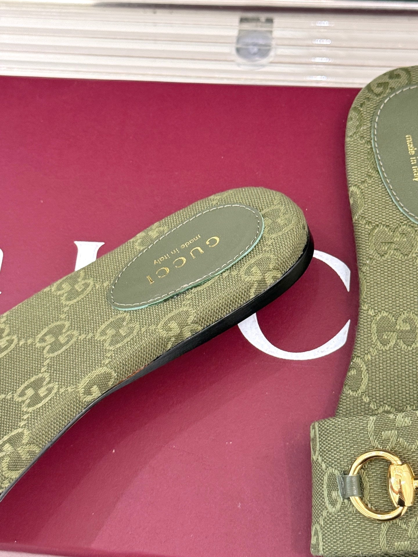 SLIDE SANDALS IN MOSS GREEN FABRIC EMBOSSED LOGO