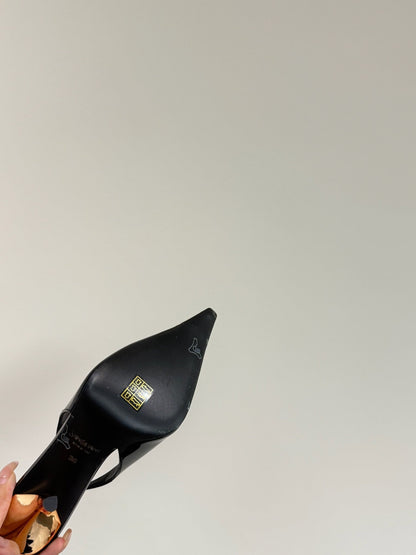 BLACK GEM-STUDDED SLINGBACK PUMPS IN BLACK PATENT CALFSKIN