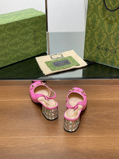 WOMEN'S HORSEBIT SLINGBACK 55MM IN FUSCIA PINK CALFSKIN WITH RHINSTONES