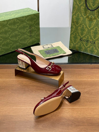 WOMEN'S HORSEBIT SLINGBACK 55MM IN WINE RED CALFSKIN WITH RHINSTONES