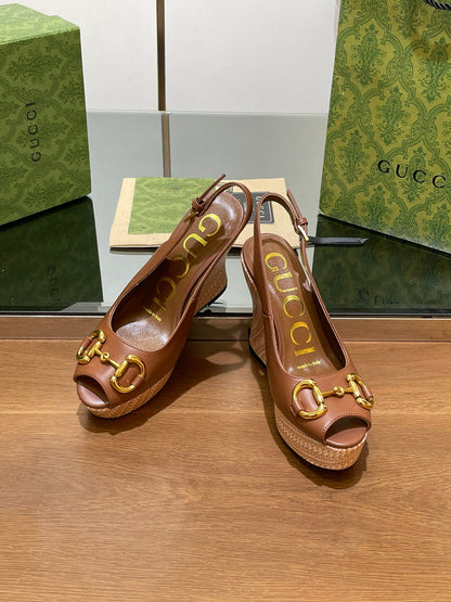 GG WEDGE PLATFORM IN CHOCOLATE BROWN CALFSKIN WITH GOLD HARDWARE