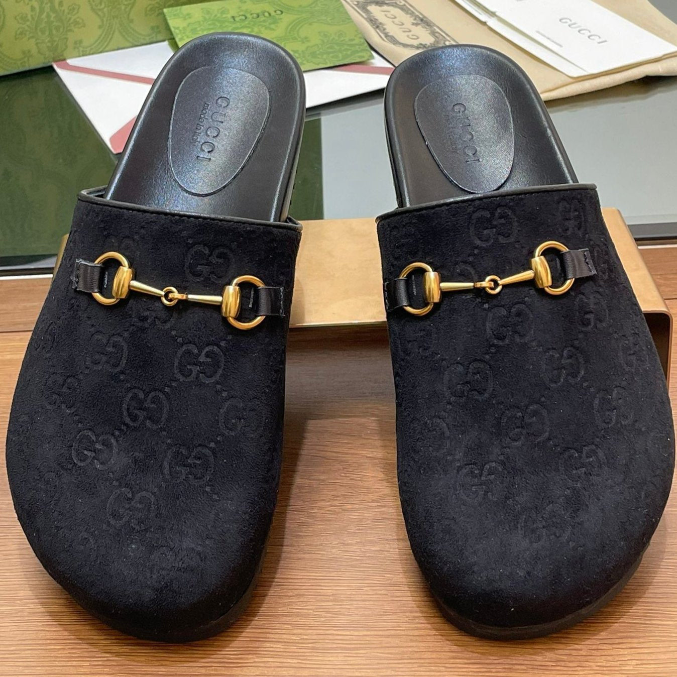 GG HORSEBIT MULE IN BLACK EMBOSSED SUEDE AND SHEEPSKIN LINING
