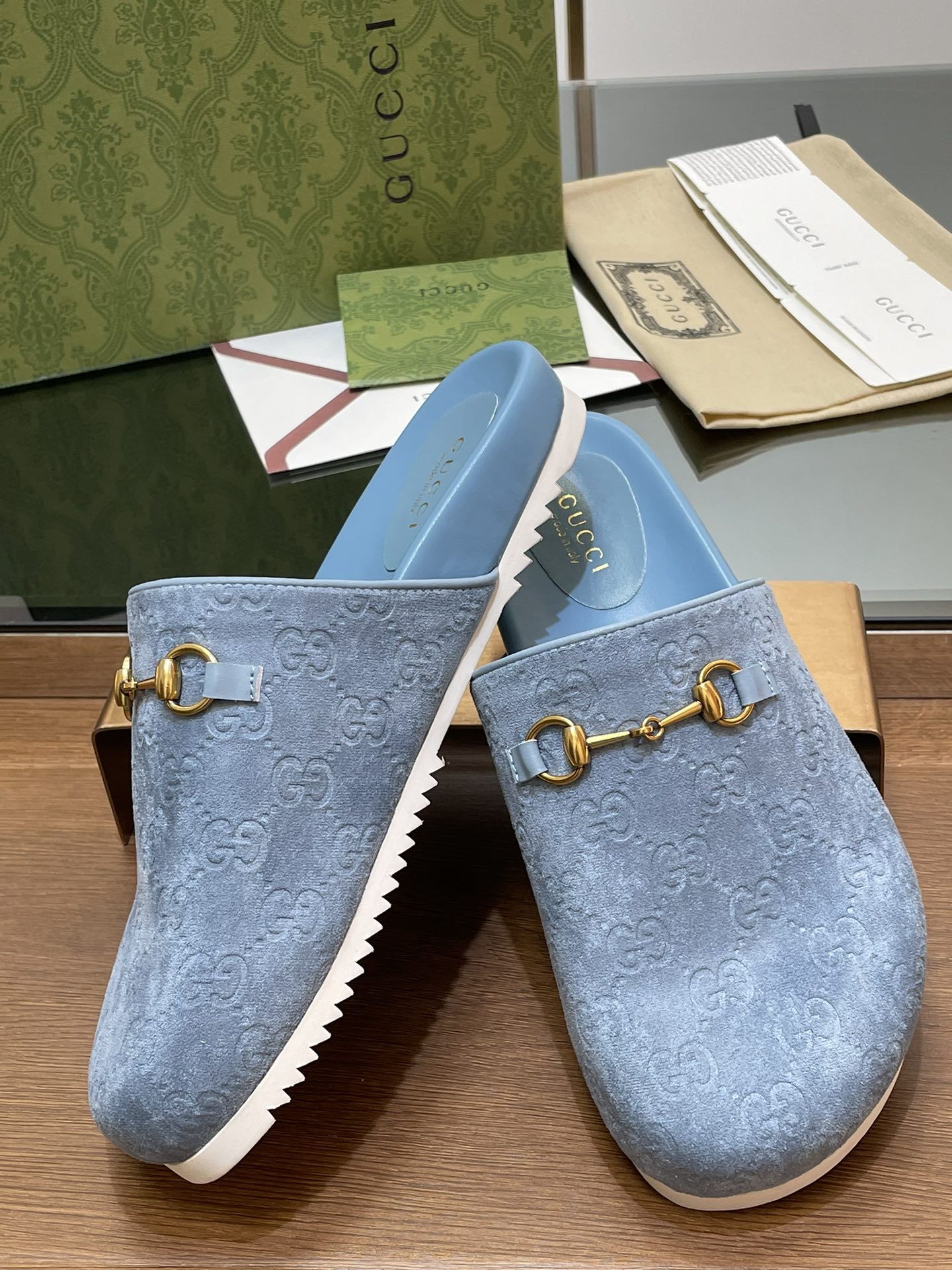 GG HORSEBIT MULE IN LIGHT BLUE EMBOSSED SUEDE AND SHEEPSKIN LINING