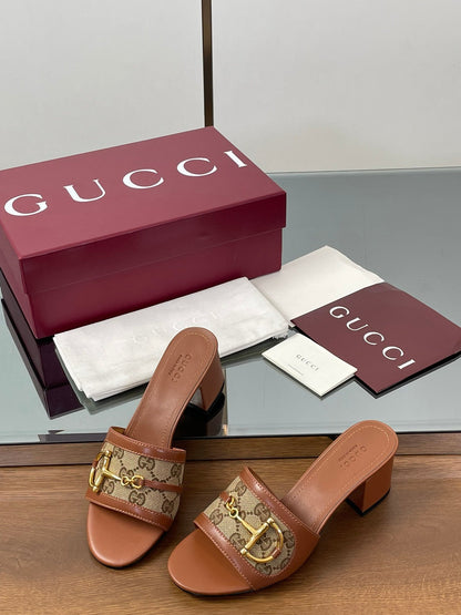 HIGH HEEL MULE 5.5 CM IN BROWN CALFSKIN MIX FABRIC AND GOLD HARDWARE